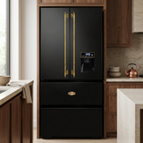Black Kaiser Empire refrigerator in a walnut kitchen