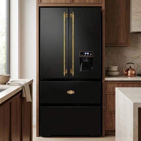 Black Kaiser Empire refrigerator in a walnut kitchen