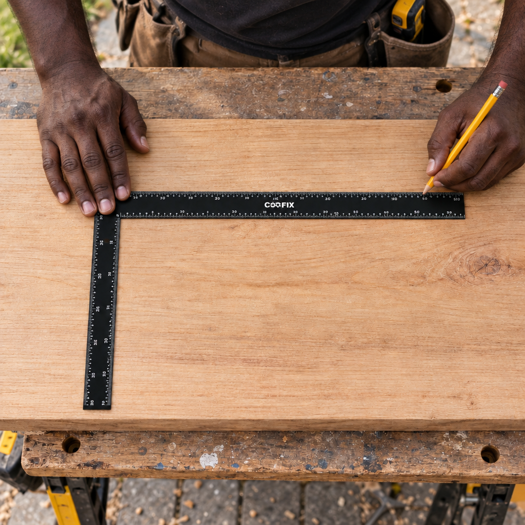 Black male carpenter marking timber with the Coofix framing square