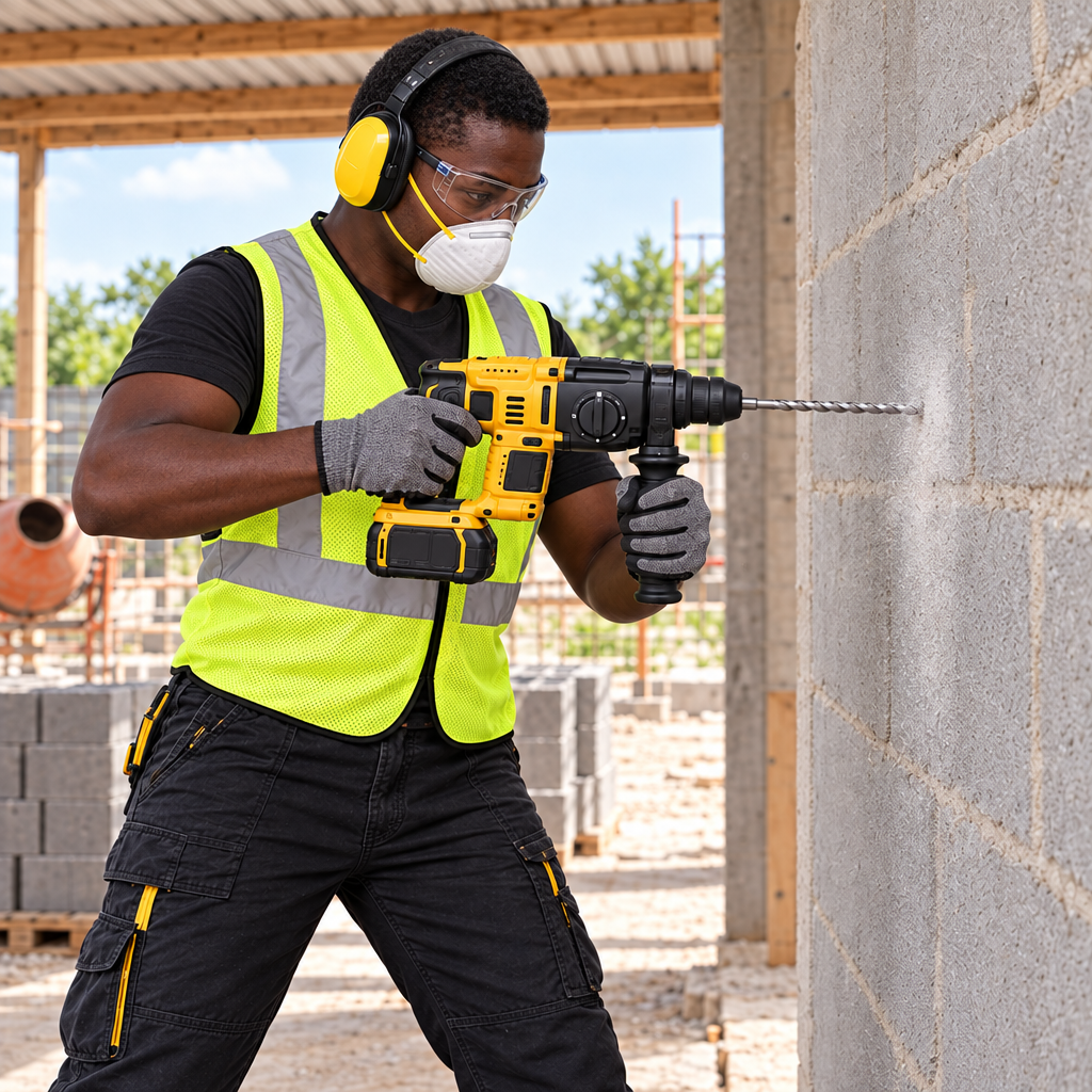Black male technician drilling a masonry wall with a shorter bit