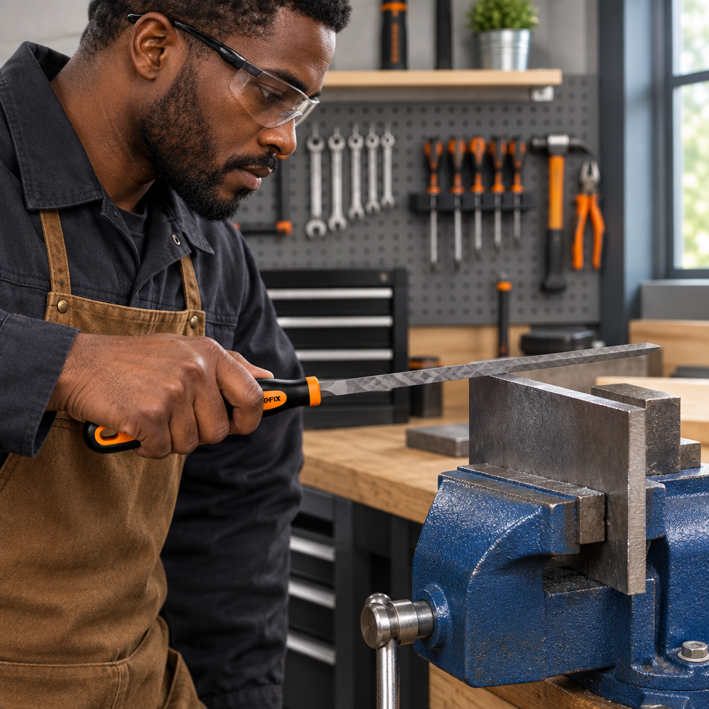 Black male technician filing a clamped steel plate