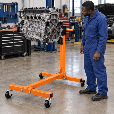 Black mechanic inspecting an engine mounted on a Coofix engine stand, viewed from the rear