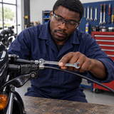 Black mechanic using the Coofix double open-end spanner in a motorcycle workshop