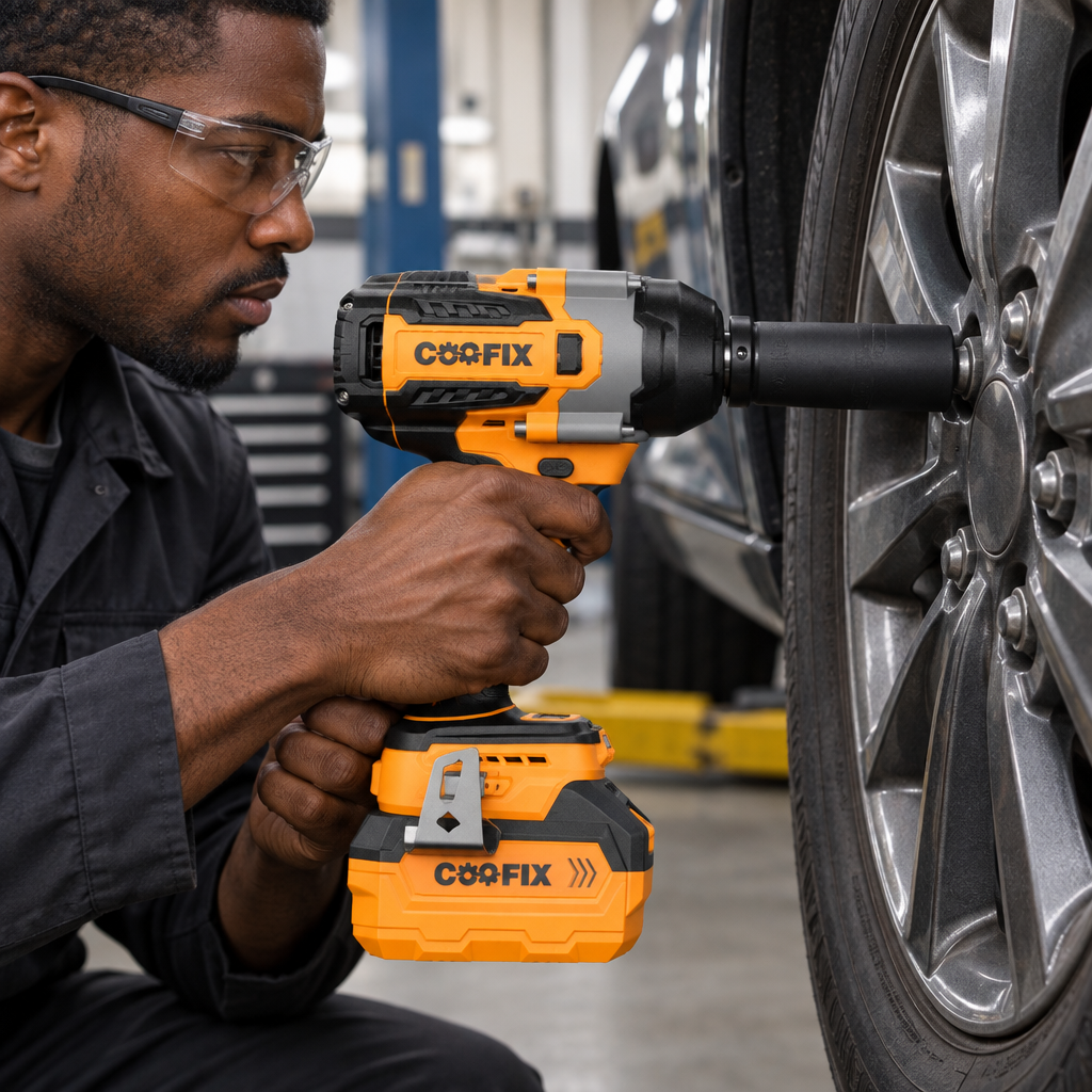 Black mechanic using the Coofix impact wrench on a wheel nut
