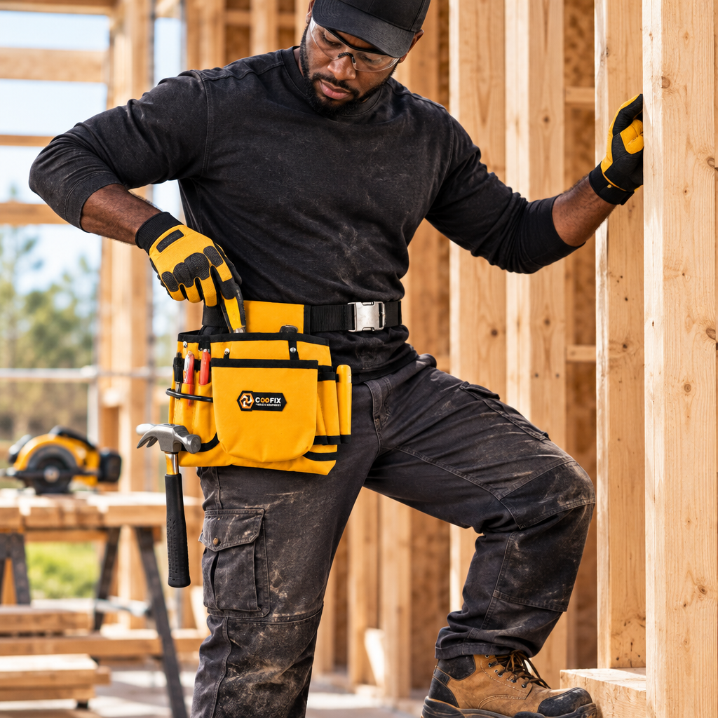 Black professional carpenter wearing and using the Coofix tool belt