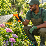 Black professional gardener using the spray nozzle in a beautiful garden