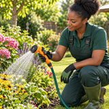Black professional gardener using the spray nozzle