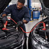 Black professional mechanic connecting heavy-duty jumper cables