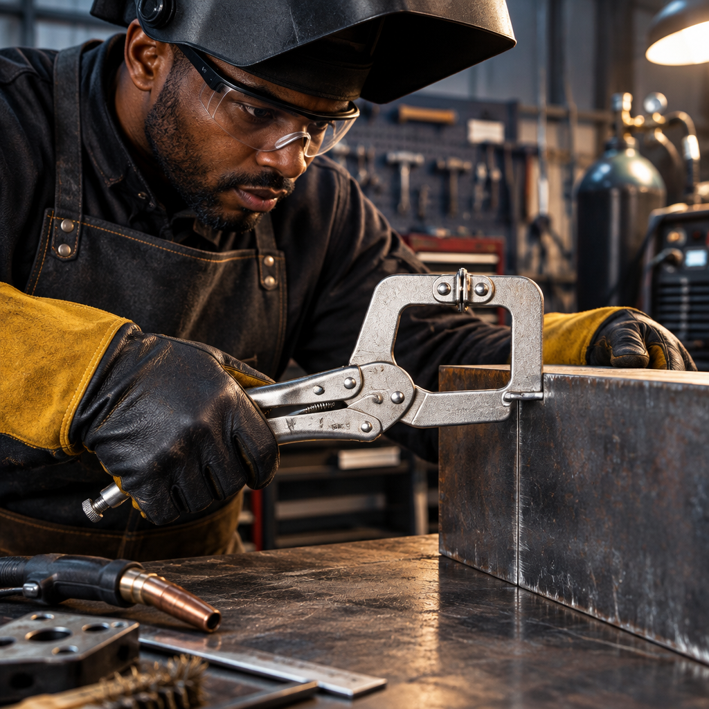 Black professional metalworker using the Coofix locking C-clamp