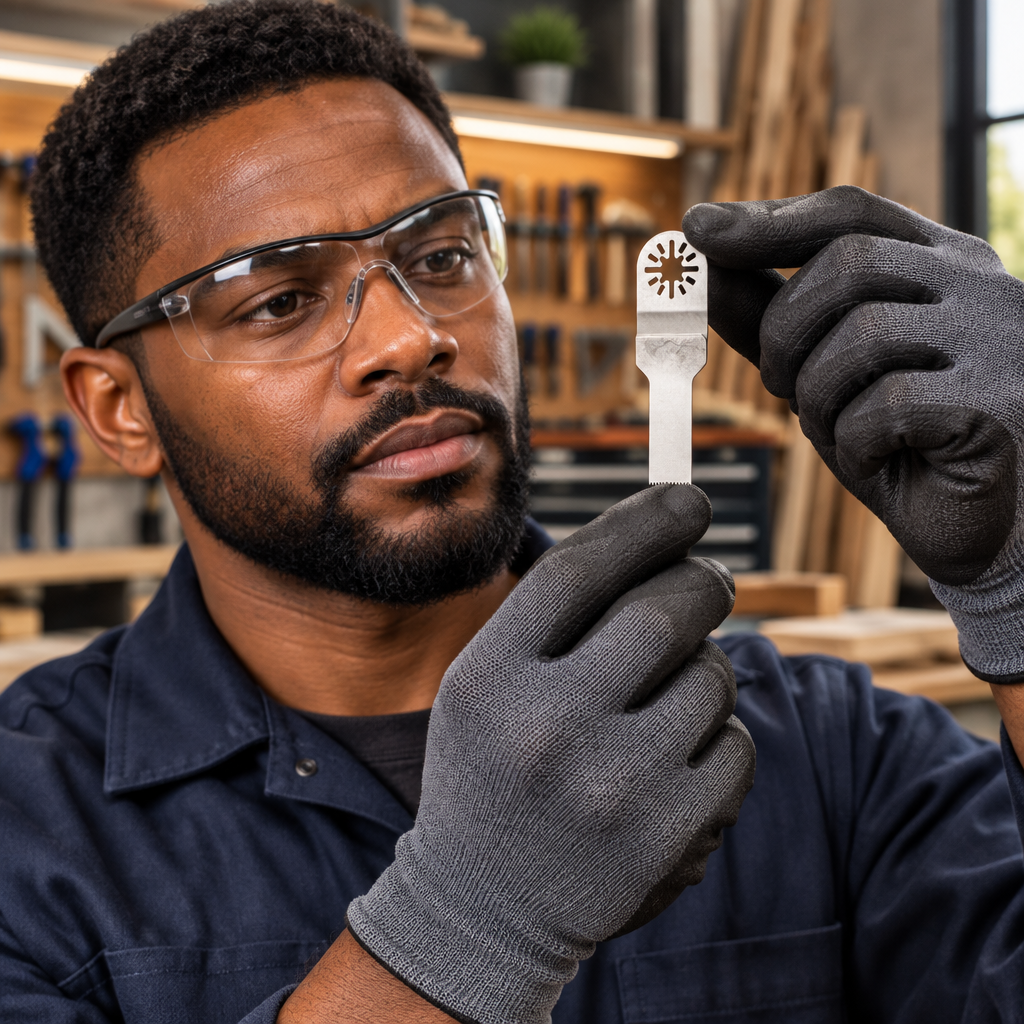 Black professional technician assessing the tapered narrow silver blade