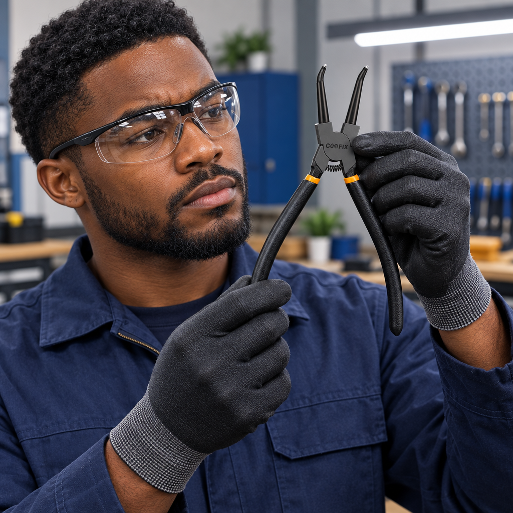 Black professional technician holding and assessing bent-tip Coofix circlip pliers