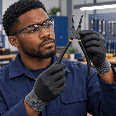 Black professional technician holding and assessing bent-tip Coofix circlip pliers