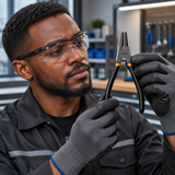 Black professional technician holding and assessing straight-tip Coofix circlip pliers