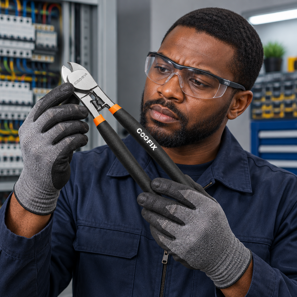 Black professional technician holding and assessing the Coofix cable cutter