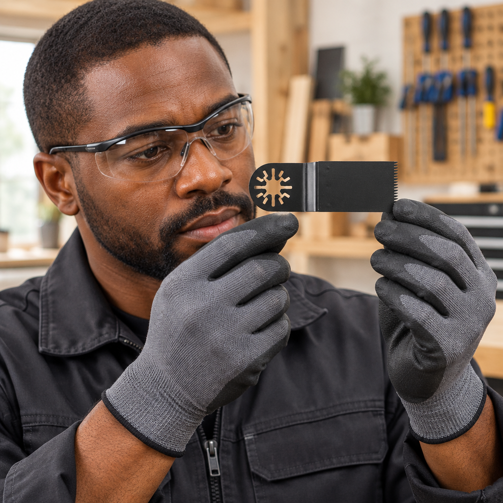 Black professional technician inspecting the wide oscillating blade
