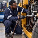 Black professional technician installing a hydraulic hose