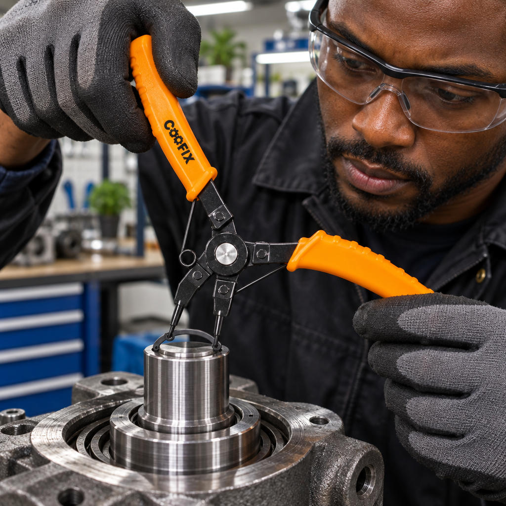 Black professional technician installing a retaining ring with Coofix circlip pliers