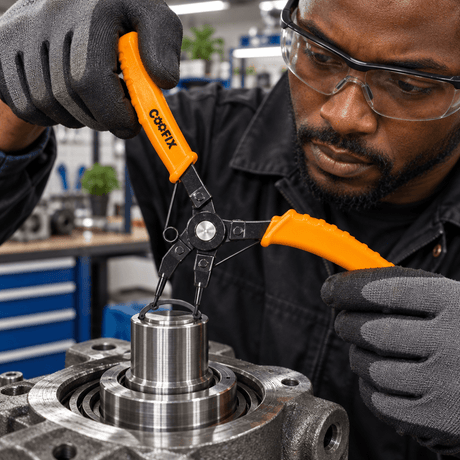 Black professional technician installing a retaining ring with Coofix circlip pliers