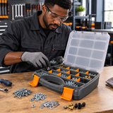 Black professional technician sorting parts into an open Coofix organizer