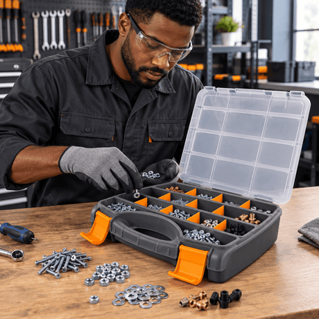 Black professional technician sorting parts into an open Coofix organizer