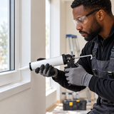 Black professional technician using the caulking gun
