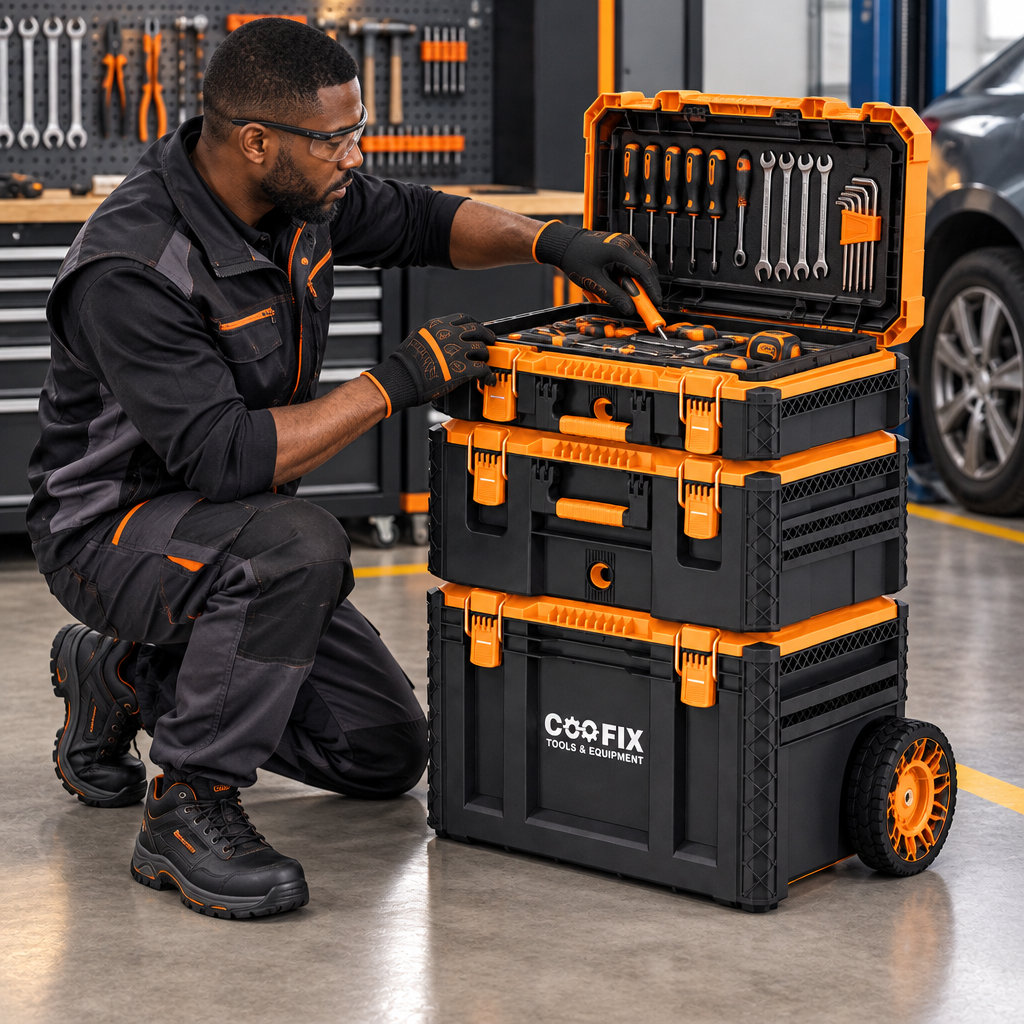 Black professional technician using the Coofix toolbox system