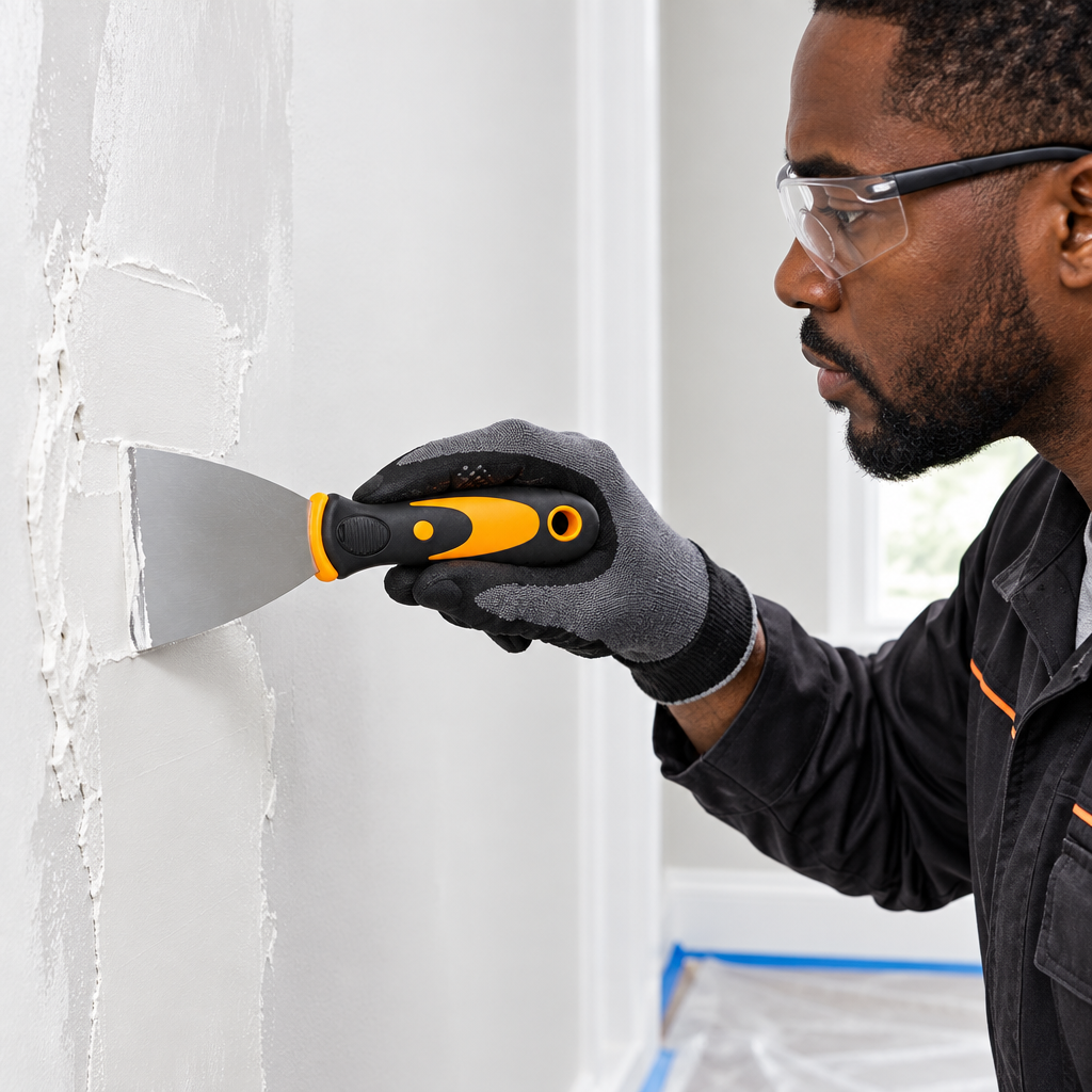 Black professional technician using the corrected Coofix putty trowel