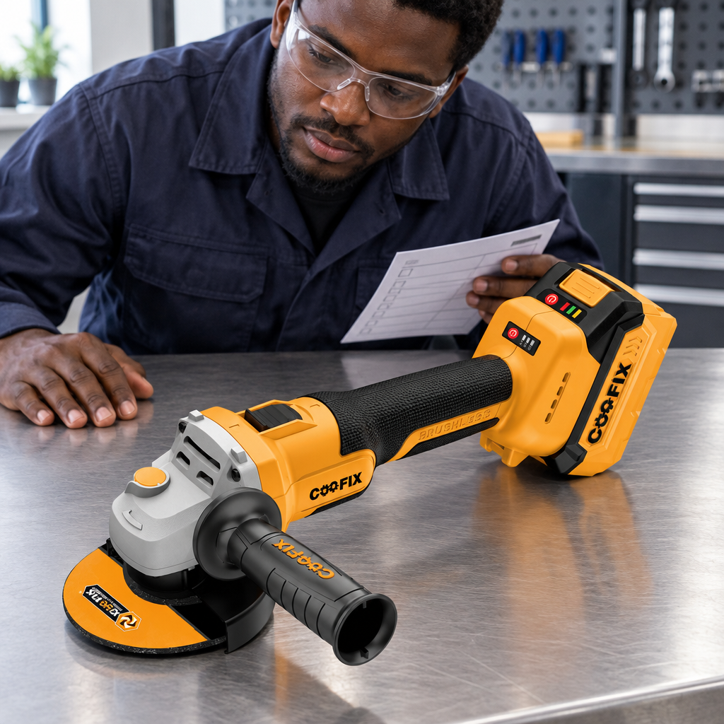Black technician assessing the powered-off Coofix angle grinder