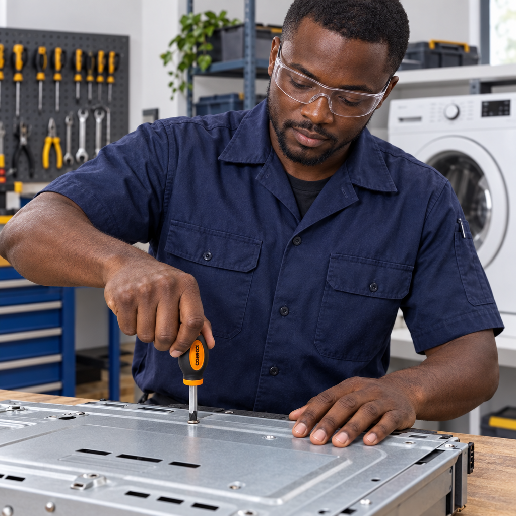 Black technician using a Coofix short-handled screwdriver