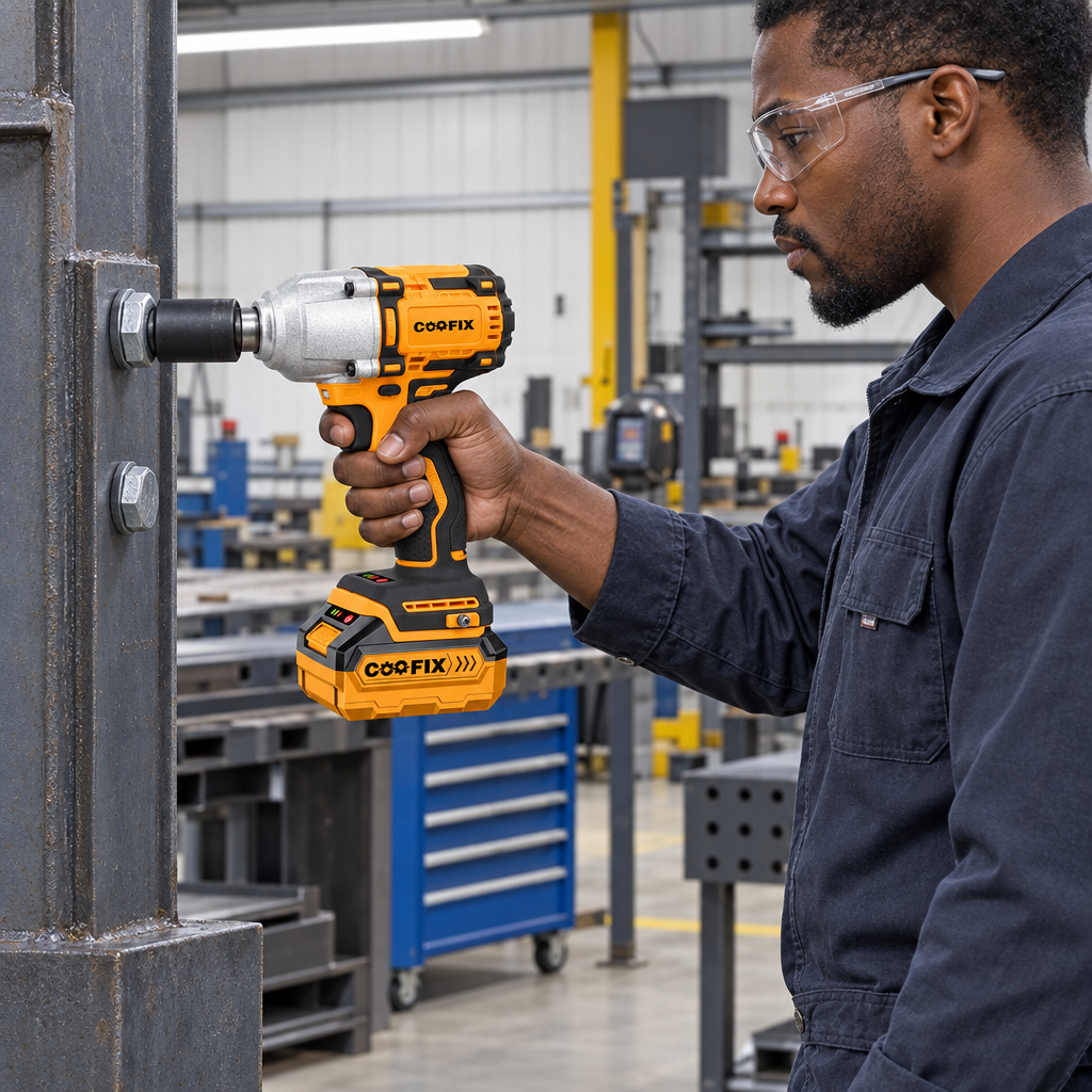 Black technician using the Coofix 450 Nm impact wrench on a steel-frame bolt