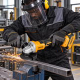 Black technician using the Coofix angle grinder with attached battery
