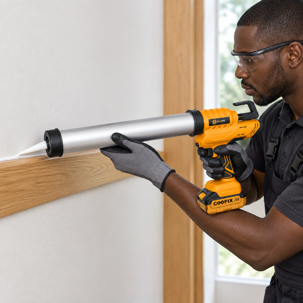 Black technician using the Coofix cordless caulking gun
