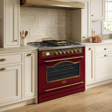 Bordeaux red Kaiser Empire range in a cream kitchen
