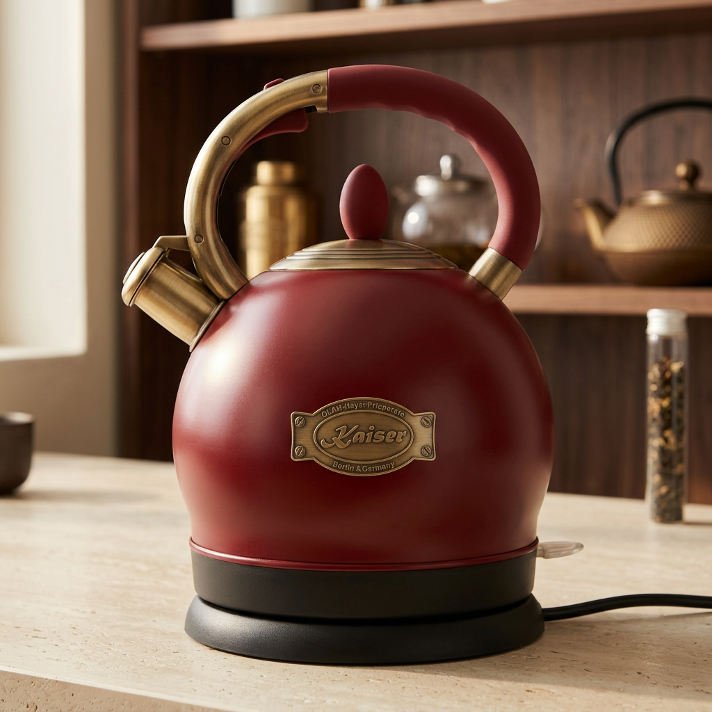 Bordeaux red Kaiser kettle at a kitchen tea station