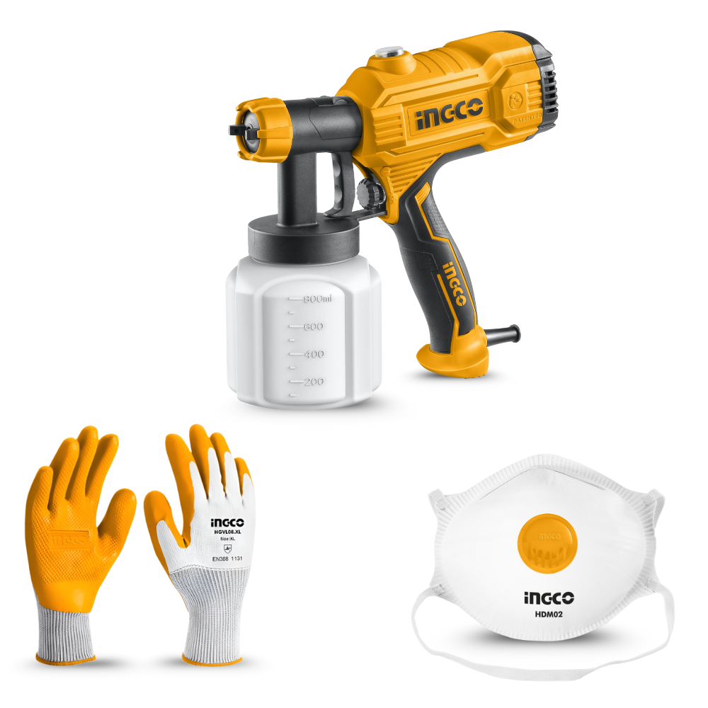 Spray Safe Pro Kit - Electric Spray Gun 450W with 800ml Container, 12 Pieces Dust Mask with Breath And Industrial Latex Gloves
