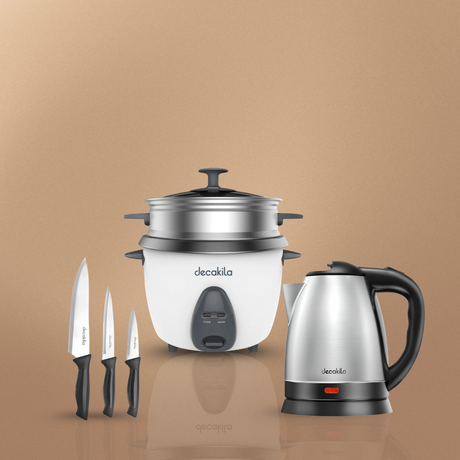 Kitchen Comfort Combo Set -  Electric Kettle, Rice Cooker, 3 Kitchen Knives
