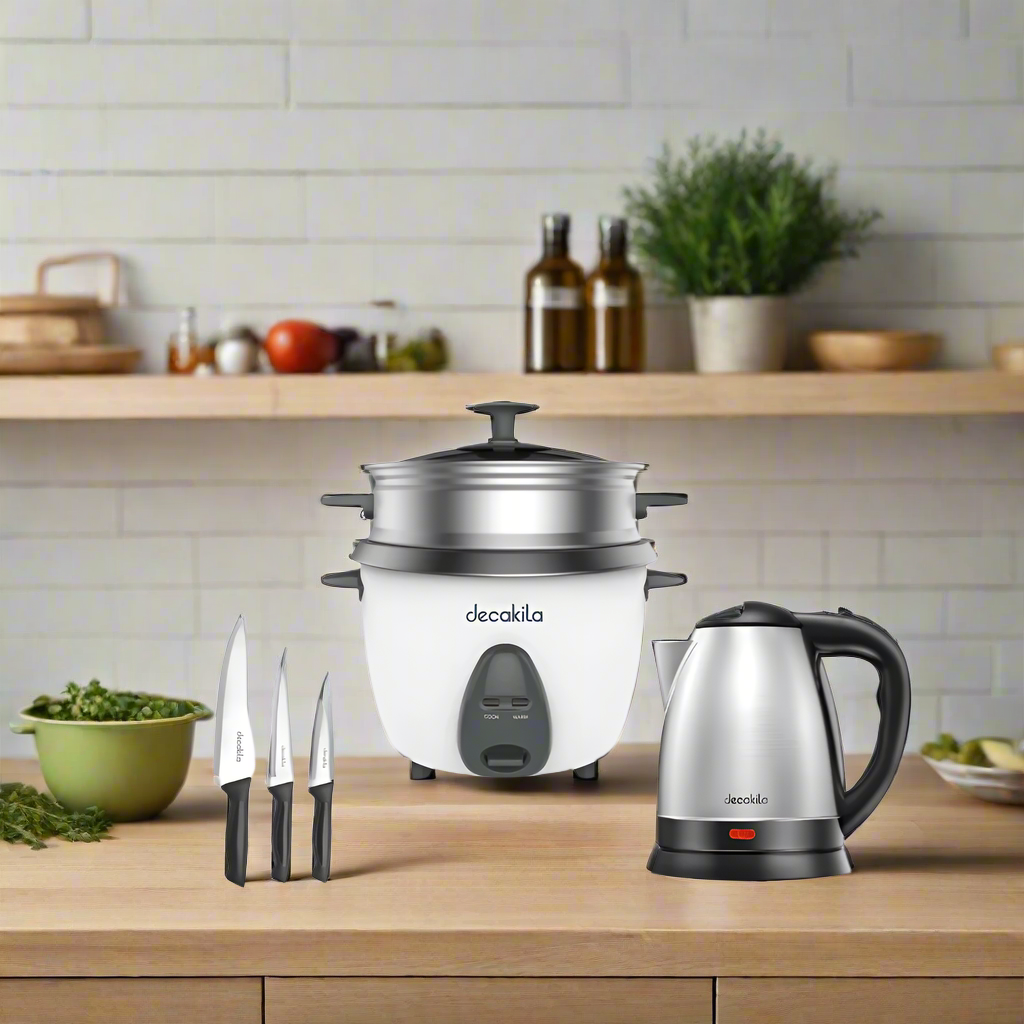 Kitchen Comfort Combo Set -  Electric Kettle, Rice Cooker, 3 Kitchen Knives