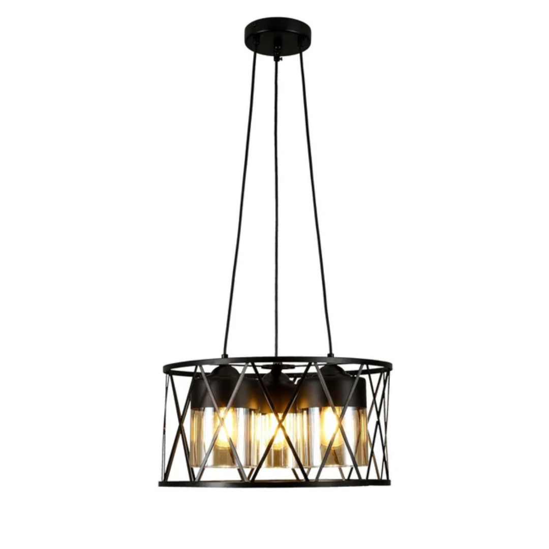 Black Caged Metal Amber Cylinder Glass Chandelier Ceiling Light