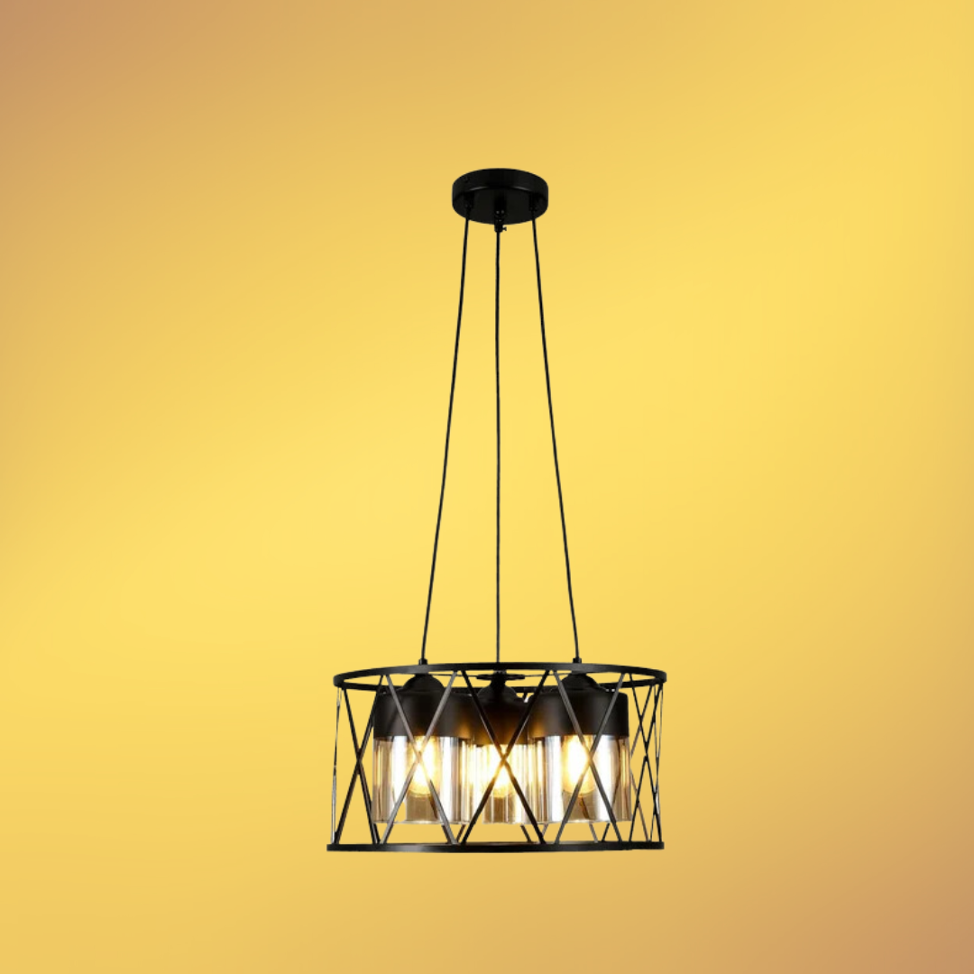 Black Caged Metal Amber Cylinder Glass Chandelier Ceiling Light