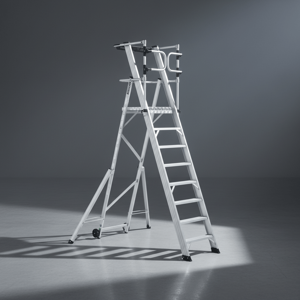 Cagsan Ladder & Access Equipment Cagsan Folding Aluminium Platform Ladder with Guardrails & Wheels | Key-Pro Series