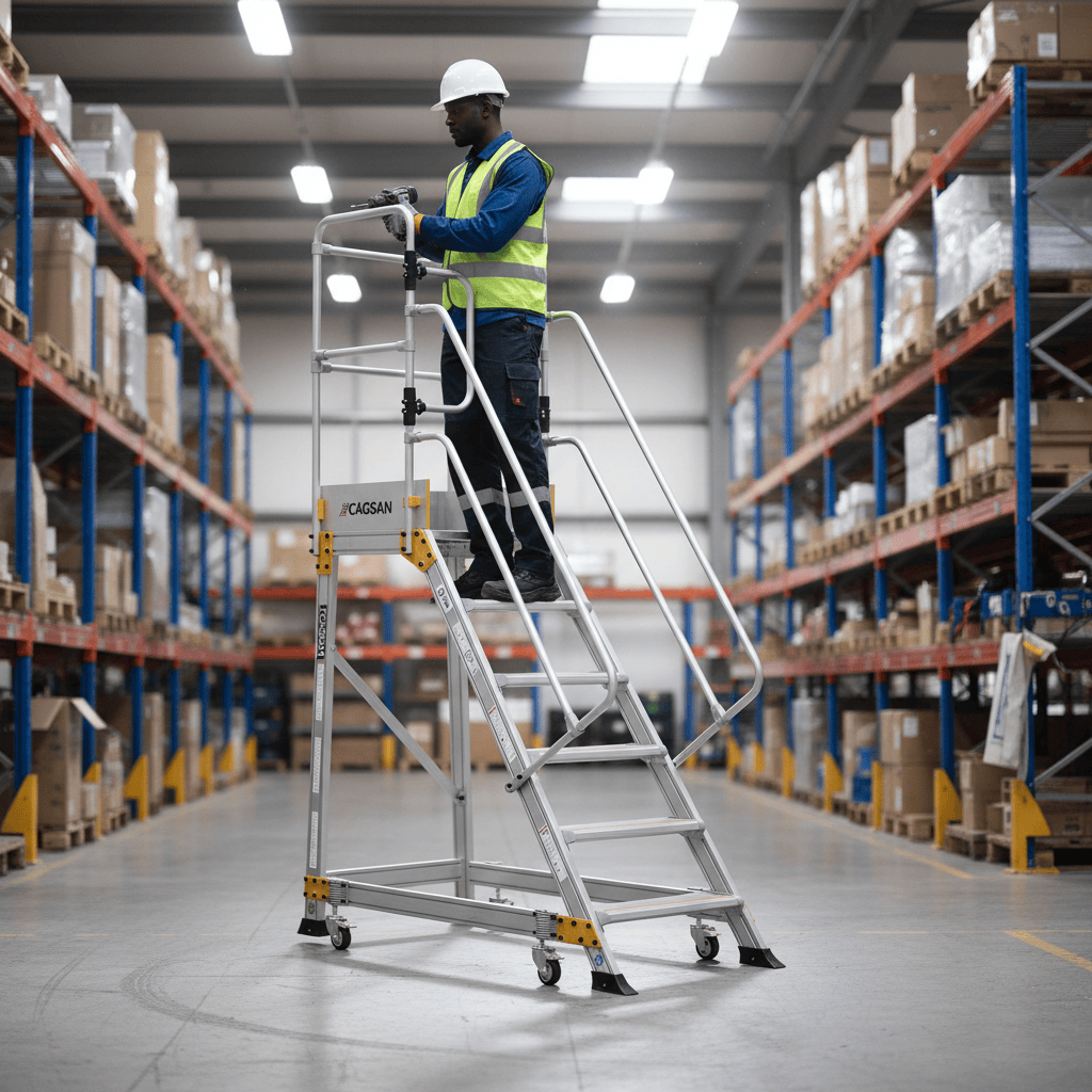Cagsan Ladder & Access Equipment Cagsan Mobile Aluminium Platform Ladder with Spring-Loaded Wheels | Springo Series
