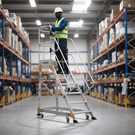 Cagsan Ladder & Access Equipment Cagsan Mobile Aluminium Platform Ladder with Spring-Loaded Wheels | Springo Series