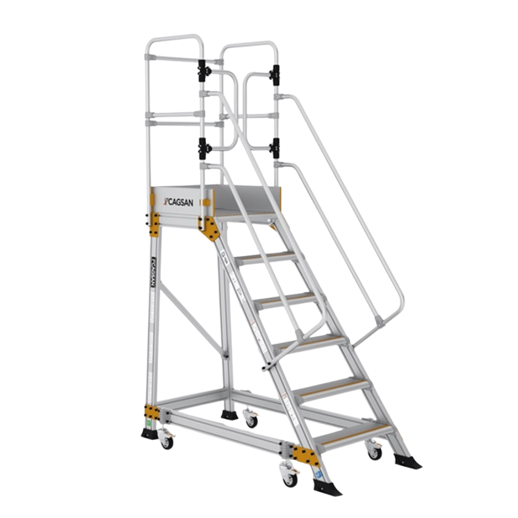 Cagsan Ladder & Access Equipment Cagsan Mobile Aluminium Platform Ladder with Spring-Loaded Wheels | Springo Series