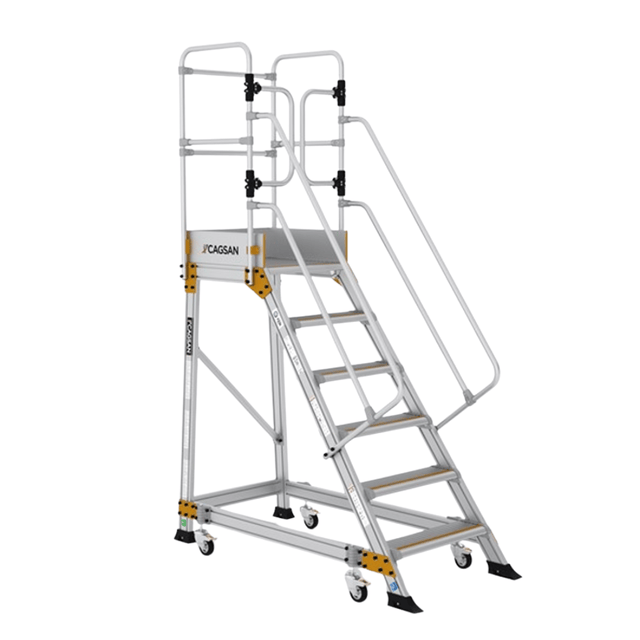Cagsan Ladder & Access Equipment Cagsan Mobile Aluminium Platform Ladder with Spring-Loaded Wheels | Springo Series
