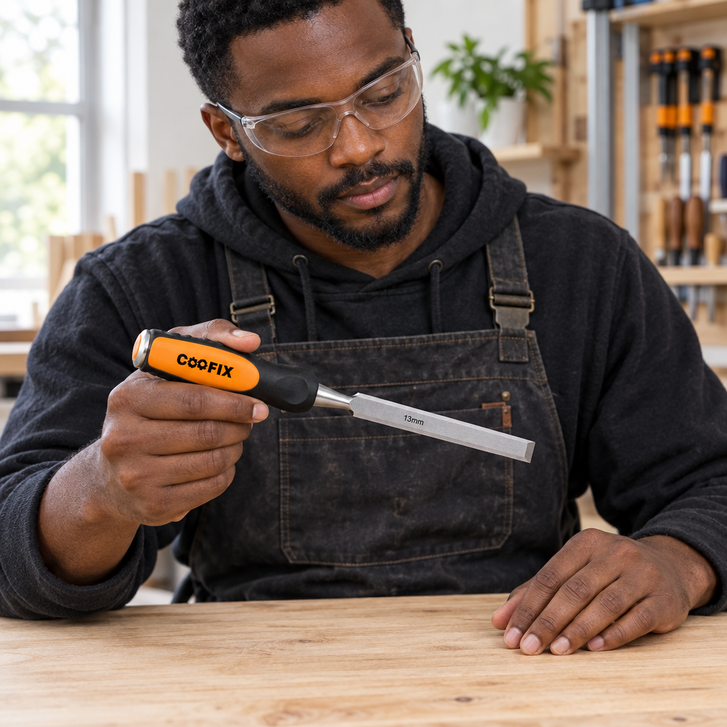Carpenter inspecting the Coofix wood chisel