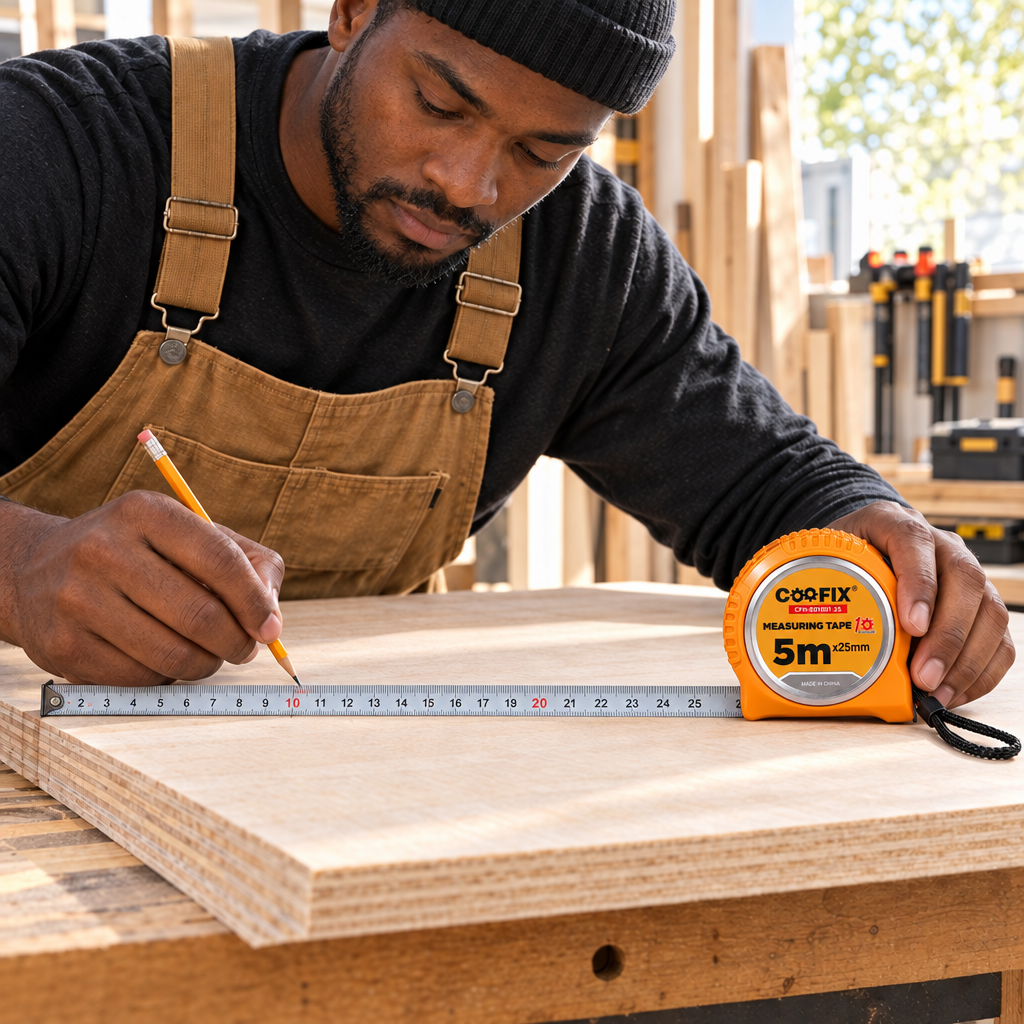 Carpenter marking plywood beside a flat Coofix measuring tape