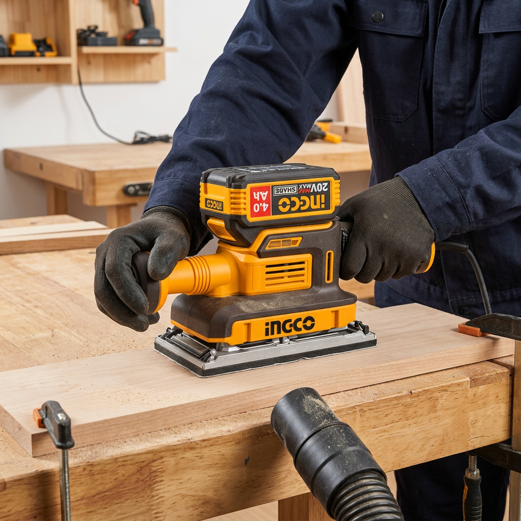 Carpenter sanding a clamped timber board with the Ingco finishing sander