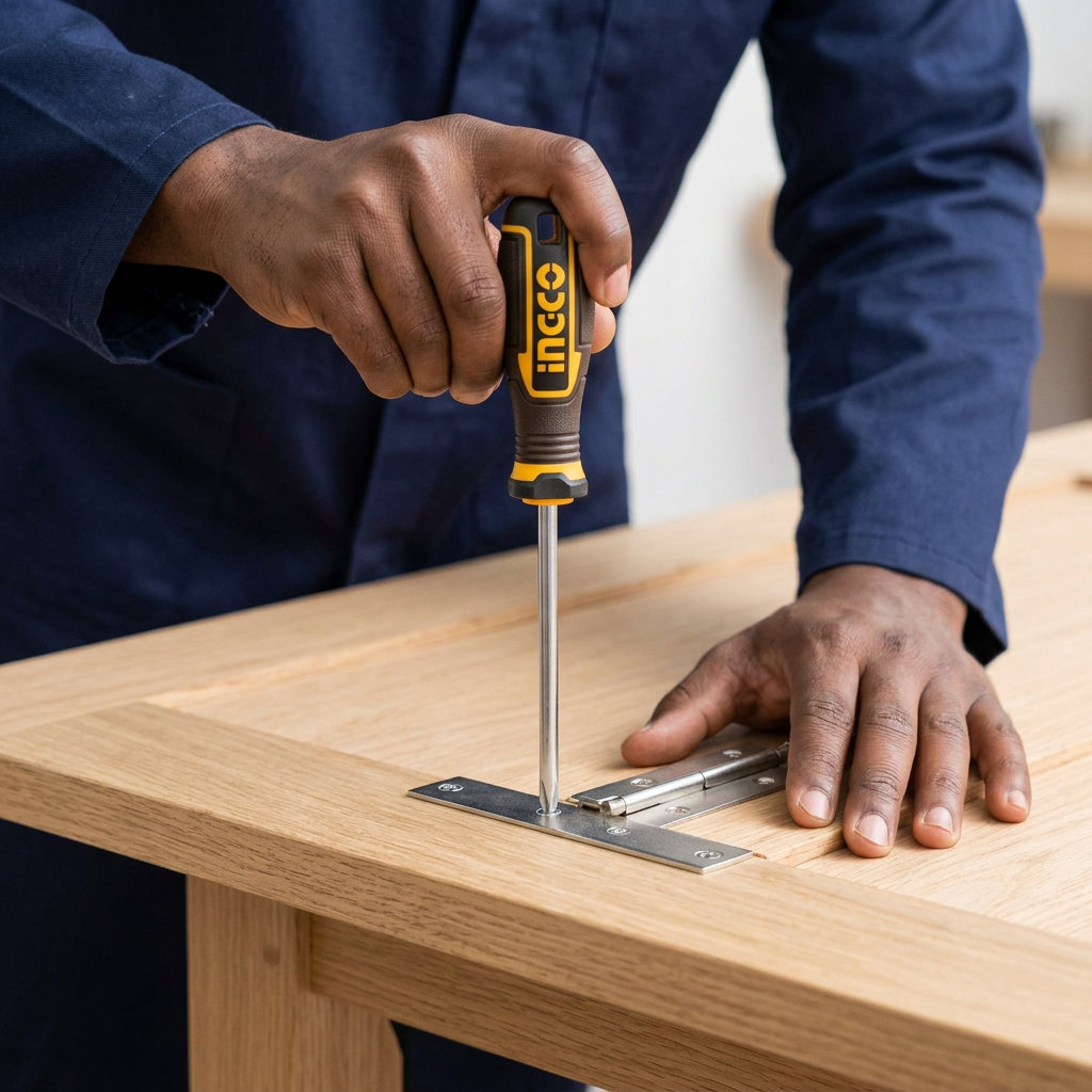 Carpenter tightening a hinge screw with an Ingco screwdriver