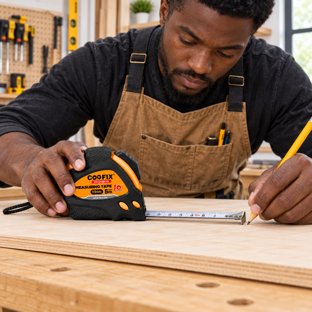 Carpenter using the black-and-orange Coofix tape measure