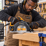 Carpenter using the Coofix saw blade in a guarded saw